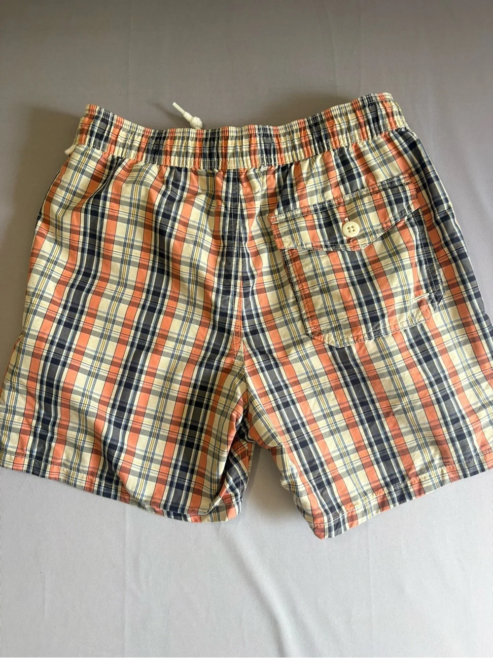 J. Crew Plaid Swim Trunks in Coral, Navy & Cream